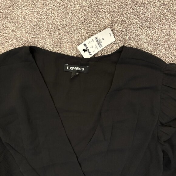 Express Women's Tie Waist Top Size XS Black V-Neck Faux Wrap Sheer Sleeve NWT$54 - Picture 8 of 16